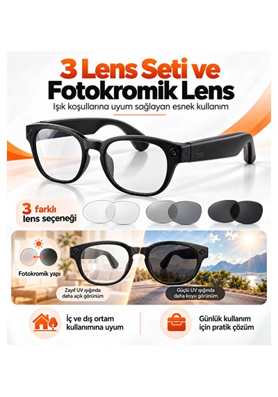 Yapay Zeka Destekli Akıllı Gözlük 8 Mp Kamera, 1080p Video, Wi-fi, Fotokromik Lens Ve 3 Lens Seti