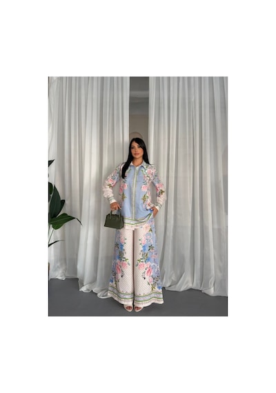 Wellway İthal Babel Kumaş Çiçekli Tunik Gömlek & Pantolon 2li Takım-pembe -26107 Pembe