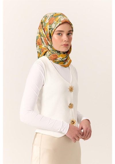 Silk Home Organik Pamuk İpek Eşarp Turuncu Sarı Yeşil Çiçek Desenli Tok Duruşlu 90x90 Çok Renkli