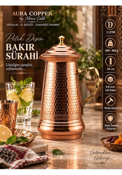 Aura Copper Bakır Sürahi 2 Litre Kapaklı İçi Kalaylı Geleneksel Desenli İbrik