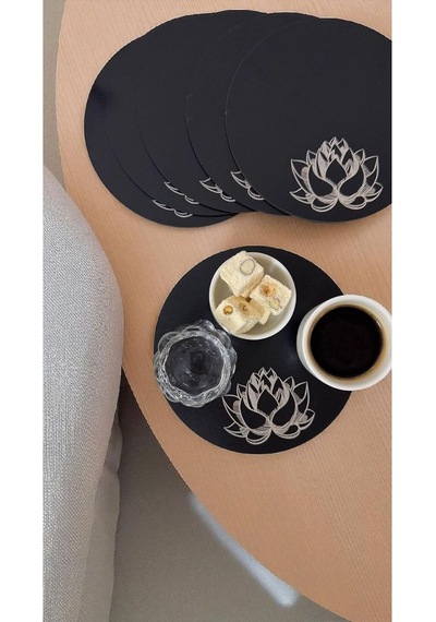 Tr Asude Hediyelik -6 Adet Ahşap Yuvarlak Çay,kahve, Servis Tepsisi Sunum Tepsisi 15 Cm Yaşam Çiçeği-siyah Diğer