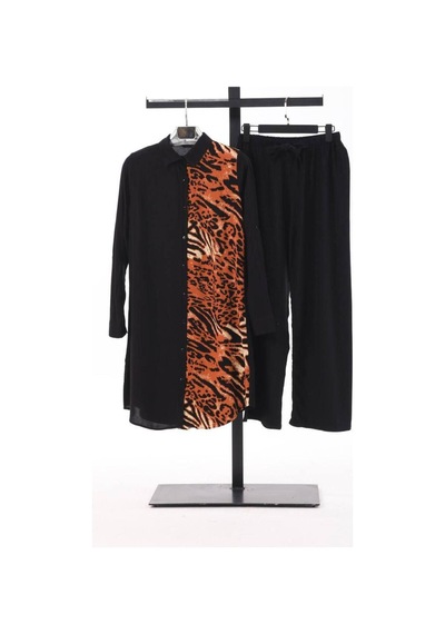 Polologin Butik Kadın Asimetrik Leopar Desenli Uzun Tunik Siyah