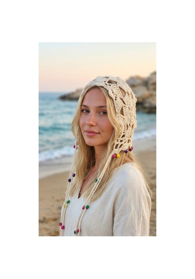 Kervan Pazarı Kadın İthal El Örgüsü Bohem Tarzı Çiçek Motifli Uzun Boncuklu Saç Filesi Bandana Krem