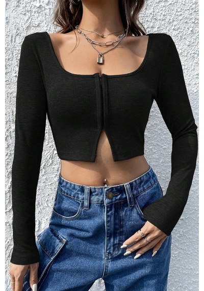 Kadın Siyah Uzun Kollu Agraflı Göğüs Ve Göbek Dekolteli Crop Top Bluz