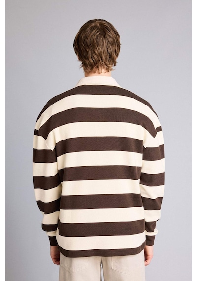 Defacto - Boxy Fıt Polo Yaka Waffle Sweatshirt E8440AX25AU Kahve