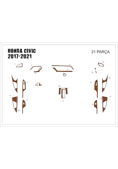 Honda Civic Torpido Kaplama 2017-2021 21 Parça Açık Meşe