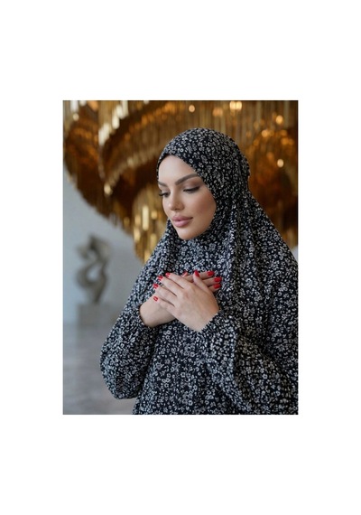 Flora Tekstil Kadın Namaz Elbisesi - İki Parça Çiçek Deseni Mevsimlik Terletmeyen Jarse Kumaş - Rahat Kalıp Siyah