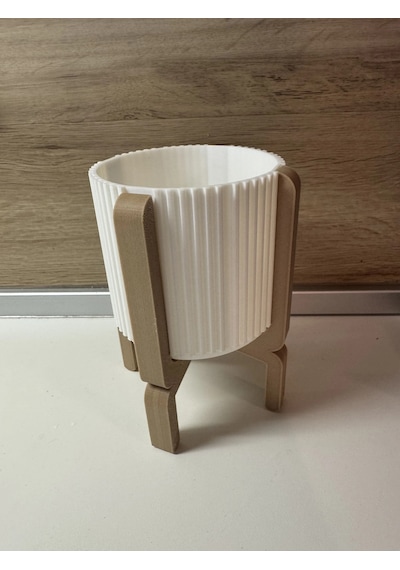 3d Baskı Ayaklı Çizgili Saksı - Bej Standlı Dekoratif Saksı - Beyaz