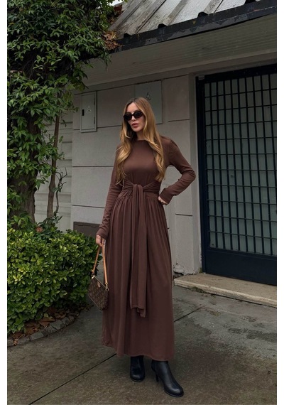 Laluvia Kahverengi Bağlamalı Elbise - 4988 Kahverengi