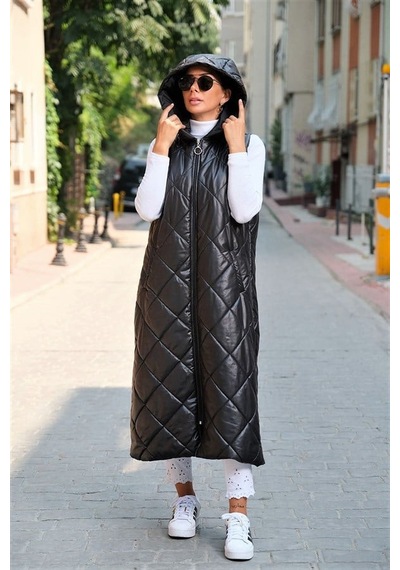 Veraura Lifestyle Siyah Kapüşonlu Cepli Baklava Desen Uzun Şişme Yelek