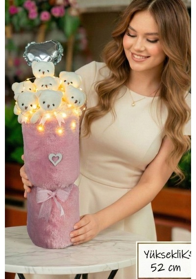 Sevgililer Gününe Özel: Deluxe Pembe Peluş Ayıcık Led Işıklı Kalp Balonlu Peluş Vazo Tasarımlı Ayıcık Buketi