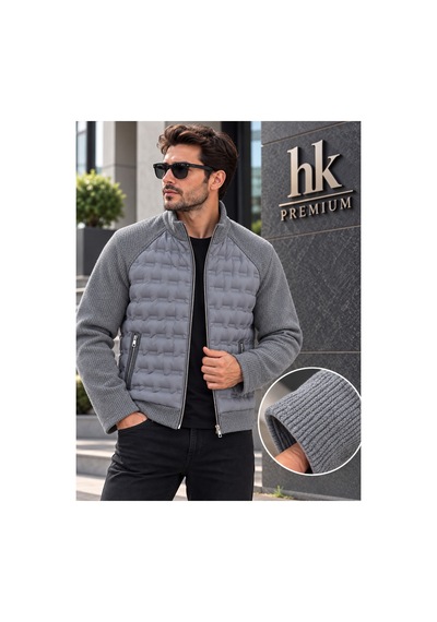 Hk Premium Erkek Mont Daire Baskı Örme Triko %100 Polyester Dik Yaka Ceket Gri