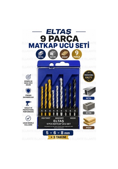 9 Parça Matkap Ucu Seti 5-6-8 Mm Metal Beton Ahşap Delme Uç Seti Hss Twist Masonry Wood Profesyonel