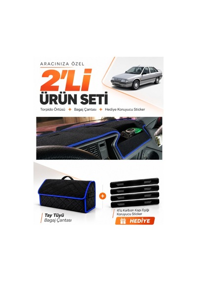 Renault 21 Manager 1990-1996 Uyumlu Torpido Örtüsü + Tay Tüyü Bagaj Çantası + Sticker - Siyah Mavi