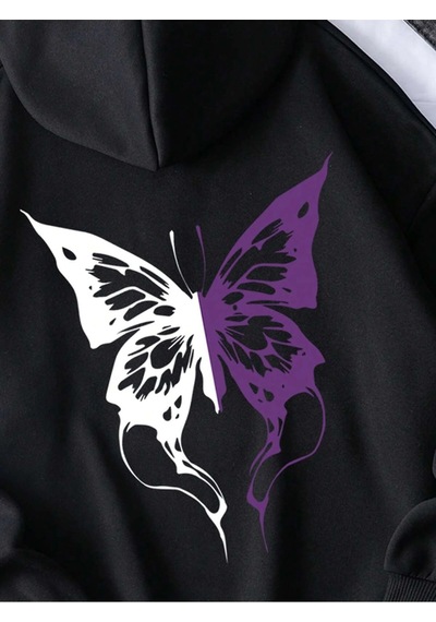 Startmore . Essnce Butterfly Print Kangaroo Pocket Drawstring Lined Hoodie Siyah Siyah