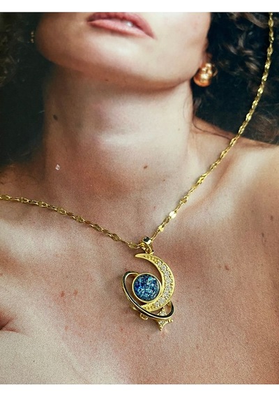 Pinery Jewels Zirkon Taşlı Ay Yıldız Kararmaz Çelik Kadın Gold Kolye Altın