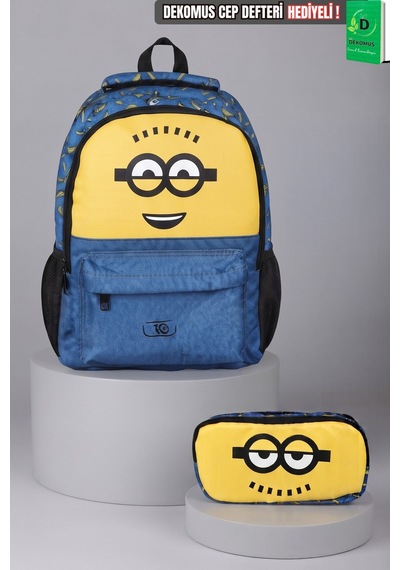 X Dekomus , Lisanslı Minions Banana Mood Collection Büyük Boy Okul Çantası Ve Kalem Çantası Seti Altın