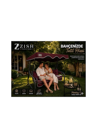 Zishtekstil Keten Kumaş Süngerli Gölgelikli 2 Kişilik Salıncak Minderi 8 Cm Bordo
