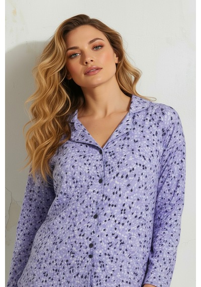 Süet Gömlek Pijama Takımı 7106 Çiçekli Lila LILA