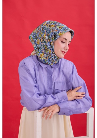 Silk Home Twill İpek Eşarp 11477-27 Mavi Gri, Fosfor Sarı, Soft Turuncu