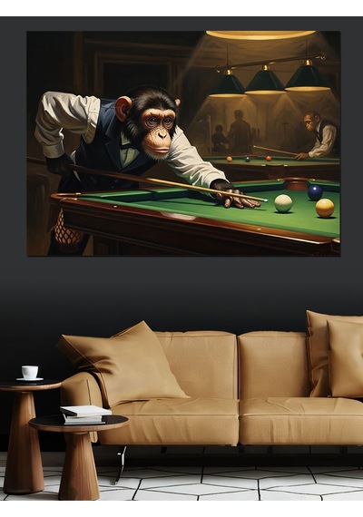 Ahşap Tablo Bilardo Oynayan Takım Elbiseli Maymun İnsan Figürlü Tablolar