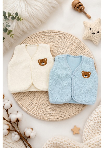 Beniizle Ayıcık Nakışlı Çıtçıtlı Welsoft Unisex 2'li Bebek Yelek Beyaz