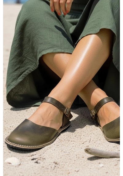 Bodhi Handcraft Kadın Barefoot Hakiki Deri Minimalist Günlük Sandalet El İmalatı Haki