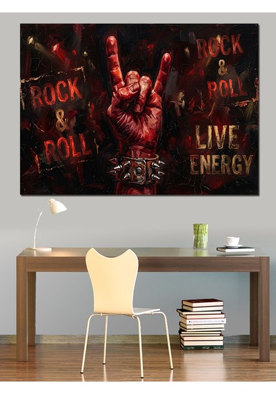 Rock Roll Yazılı Kanlı El Dekoratif Kanvas - Mdf Ahşap Tablo