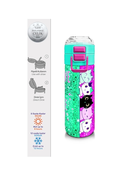 Coral High Kids Pembe Su Yeşili Kedi Desenli Pipetli Ve Direkt İçim Çelik Termos 500 Ml 31806 Yeşil - Kahverengi Coral High Kids Pembe Su Yeşili Kedi Desenli Pipetli Ve Direkt İçim Çelik Termos 500 Ml 31806 Yeşil - Kahverengi