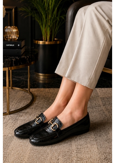 Kadın Loafer Makosen Metal Tokalı Rugan Günlük Ayakkabı Sıyah