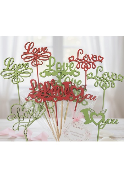 Lazer Kesim Ahşap Kalp Ve Love Temalı Pasta Ve Çiçek Süsü - 10 Adet, 11 Cm & 13 Cm