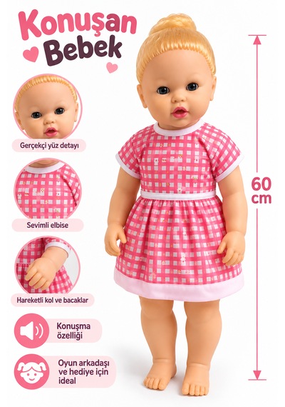 60 Cm Konuşan Bebek Pembe Kareli Elbiseli Gerçekçi Oyuncak Bebek 001