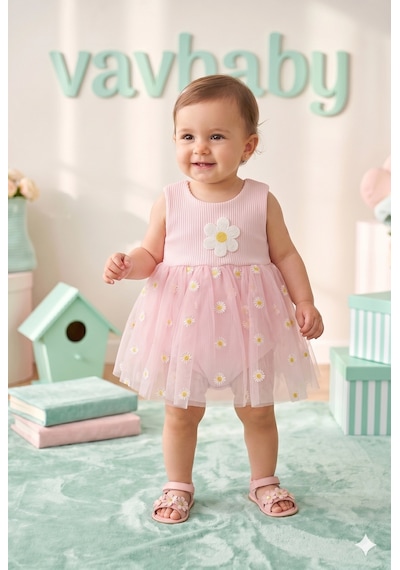 Kız Bebek Papatya Kabartma Desenli Çıtçıtlı Badi Zıbın Tütü Elbise-pembe