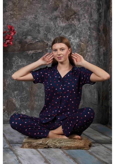 Yazlık Lacivert Puanlı Kısa Kol Pijama Takımı Yeni Sezon Lacivert