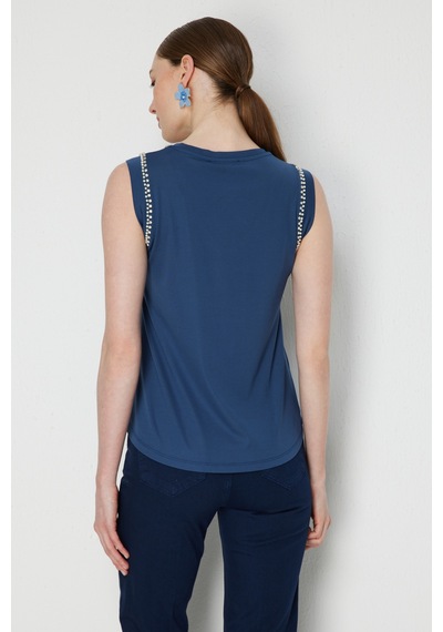 On Kadın V Yaka Taş Detaylı Bluz 71435 Indigo