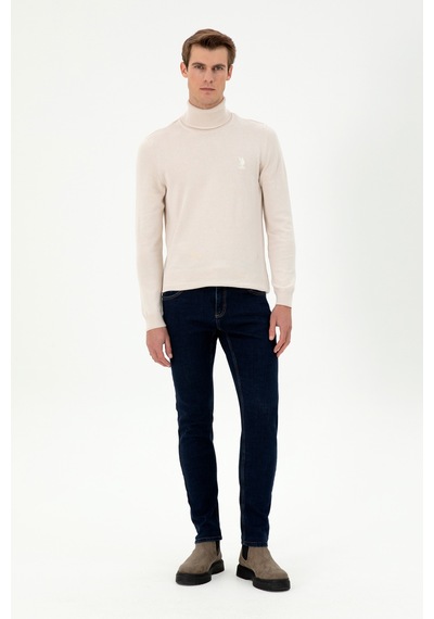 U.S. Polo Assn. Erkek Slim Fit Boğazlı Yaka Krem Melanj Basic Kazak 50288884-VR159