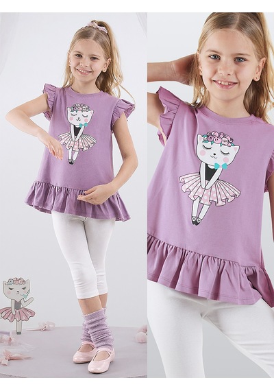 Çiçekli Kedi Kız Çocuk Mor T-shirt Tayt Takım