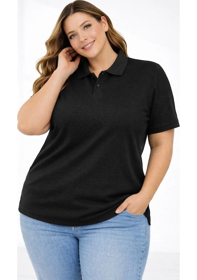 Wear Vexel Kadın Battal Beden Tişört Polo Yaka Pike Kumaş Kısa Kol T-shirt - Siyah Siyah