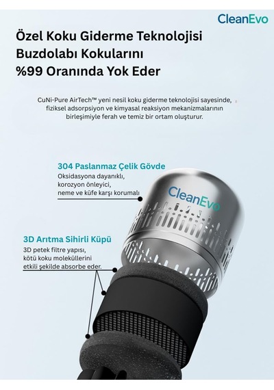 Cleanevo Airguard Pro Koku Giderici, Antibakteriyel Teknoloji, Paslanmaz Çelik, Filtre Gerektirmez, Uzun Ömürlü Bm01