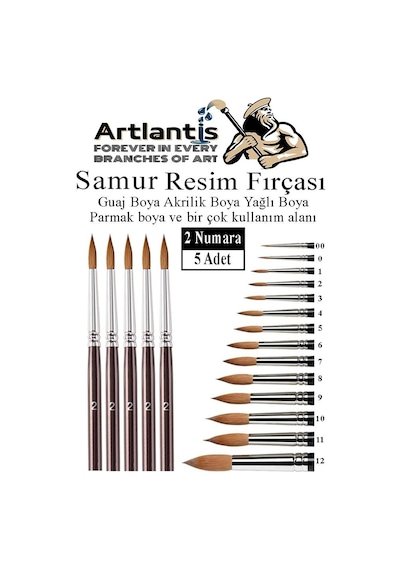 Resim Fırçası 2 Numara 5 Li 1 Paket Samur Yuvarlak Uçlu Fırça Seti Guaj Sulu Akrilik Yağlı Boya Fırçaları