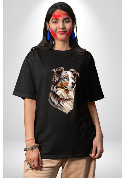 Australian Shepherd Köpek Pamuklu Bisiklet Yaka Unisex Oversize Boyfriend Dijital Baskılı Siyah T-shirt Siyah