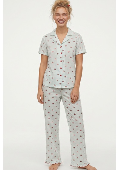 Siyah İnci İnce Soft Örme Mevsimlik Düğmeli Pijama Takımı 8043 Yeşil
