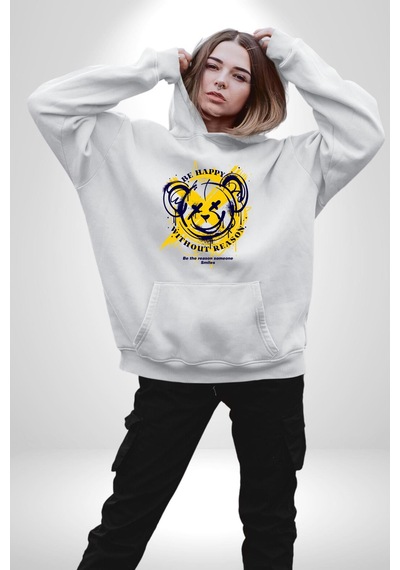 Sebep Olmadan Mutlu Ol Kadın Erkek Beyaz Kapüşonlu Sweatshirt Hoodie Beyaz