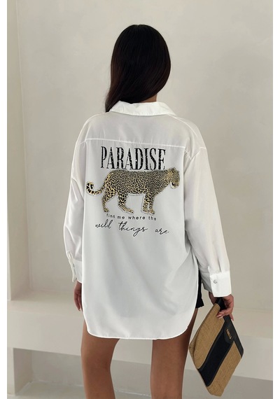 Asprin Fashion Dril Kumaş Paradise Baskılı Taşlı Gömlek Gold Beyaz
