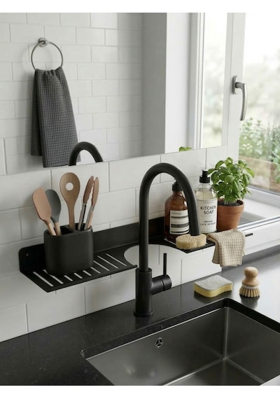 Eviye Önü Organizer Rafı Metal Lavabo Üstü Raf Mutfak Evye Üstü Organizer Duvara Yapışkanlı Del