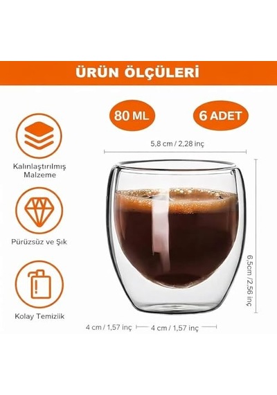 Needd Çift Katmanlı Espresso Cam Bardak Seti 2'li 80 Ml Borosilikat Cam, Isı Yalıtımlı Double Wall Tasarım Es Diğer