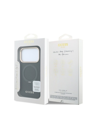 Apple Uyumlu iPhone 18 Pro Kılıf Guess Lisanslı M-safe Özellikli 360 Standlı Pu Metal Yazı Logolu Kapak Siyah