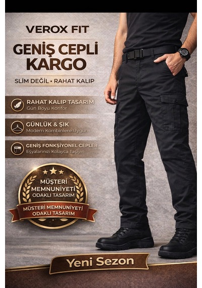 No Brand Verox Fit Erkek Kargo Cepli Rahat Kesim Pantolon Siyah Siyah
