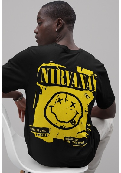 Tasarım Nirvana Rock Metal Sırt Baskılı Unisex Oversize Müzik Gru Siyah