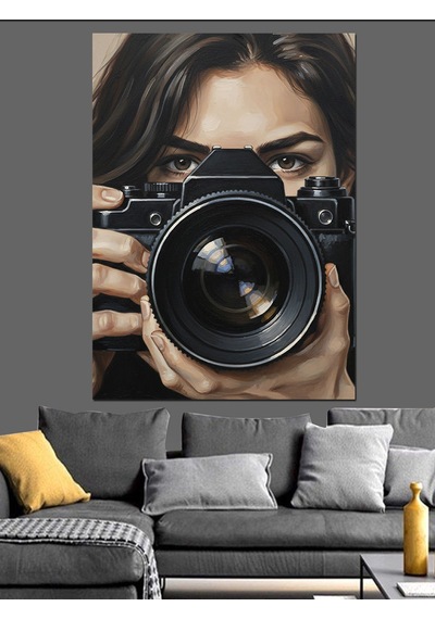 Kamera Tutan Kadın Fotoğrafçı Dekoratif Kanvas - Mdf Ahşap Tablo